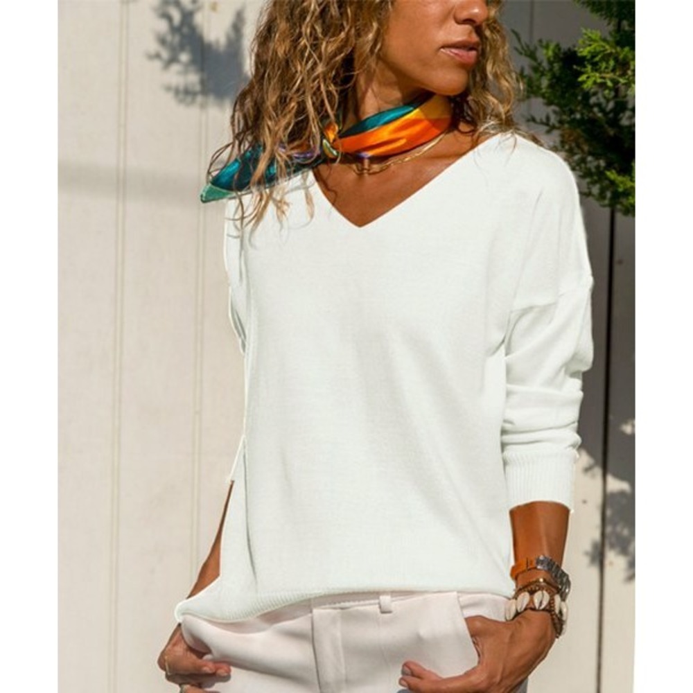 CCk Style Women's V-neck White Sweater Long Sleeves Hi-Low Hem Size M
